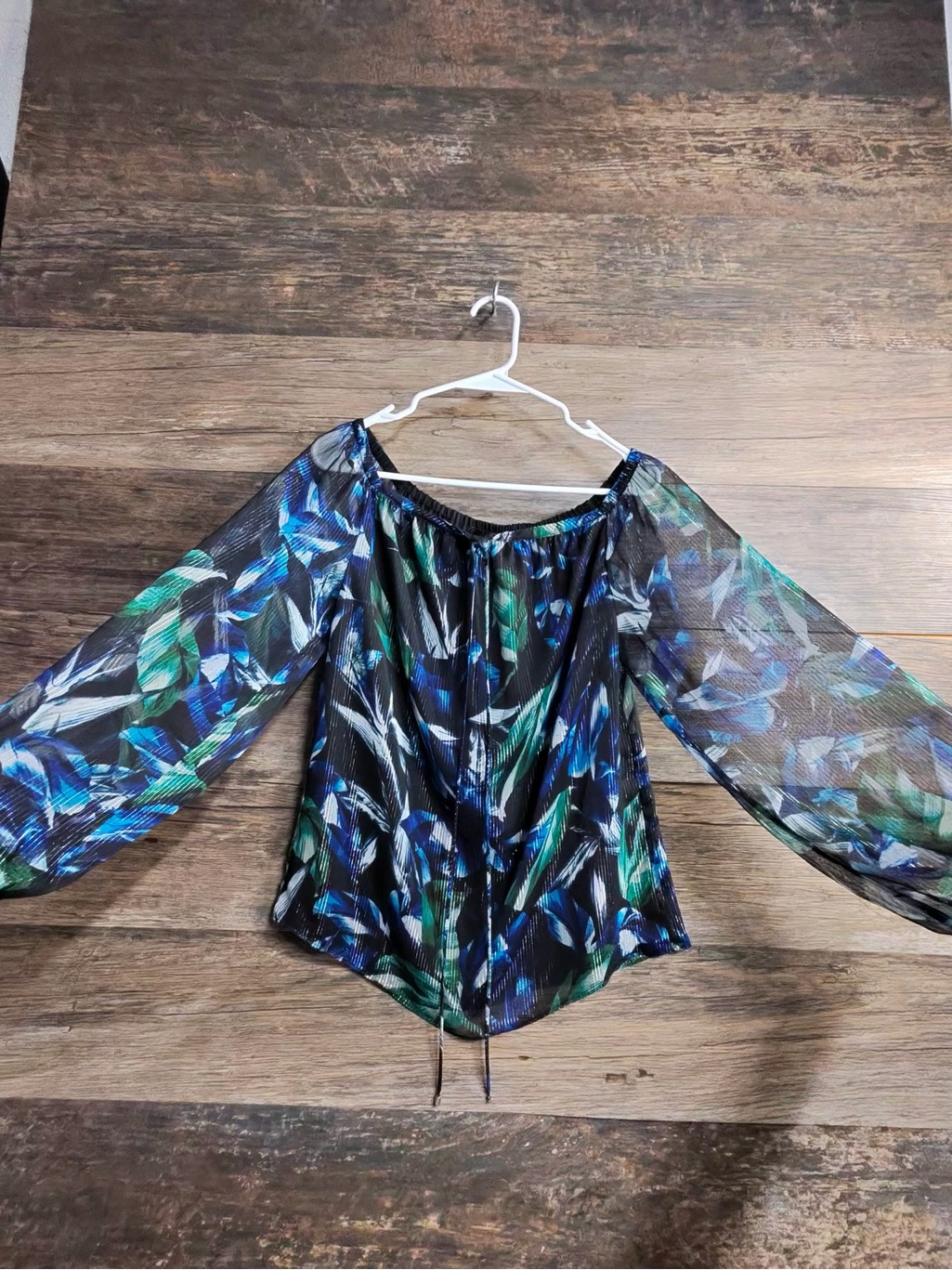White House Black Market Sheer Off-Shoulder Blouse In Blue & Green